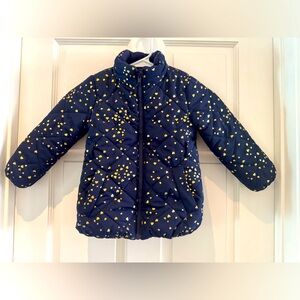 H&M Toddler Girls Water-Repellent Puffer Jacket – Navy with Gold Hearts -Sz 3-4Y